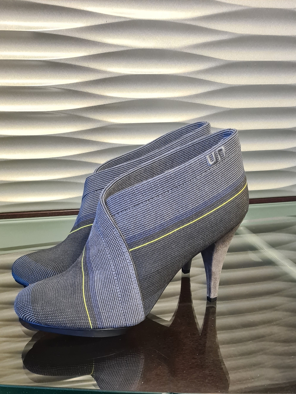 Blue Textured Ankle Booties with Yellow Accent